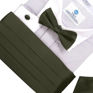 Olive Solid Silk Mens Cumberbund Hanky Cufflinks Bow Tie Set By Epoint CM1029 - Picture 1 of 4