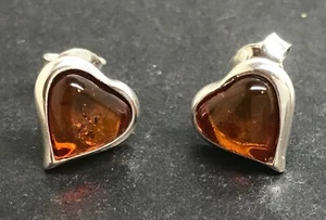 Cognac Amber heart stud earrings solid Sterling Silver Baltic, 10mm. Gift Box. - Picture 1 of 7