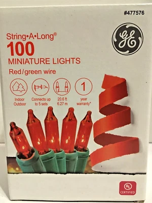 GE String A Long 100 Count Red Mini Light Set Green Wire Indoor/Outdoor NIB - Image 1 of 4