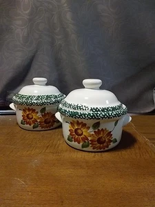 Covered Soup Crock Spongeware Ceramic Sunflowers 5" Diameter Vintage Set of 2 - Picture 1 of 5