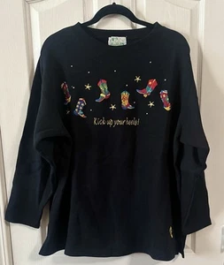 Vintage Women's Quaker Factory Black EmbroideredCowboy Boots Sweatshirt Sz 1X. - Picture 1 of 5