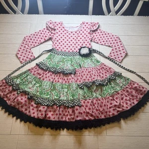 Mustard Pie Girls Dress Ruffled Long Sleeve Tiered Sz 10 FULL Twirl Skirt Dots - Picture 1 of 11
