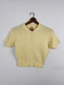 Vintage 40s 50s Short Sleeve Cardigan Sweater Pale Yellow Freedom Sleeve XS - Picture 1 of 5