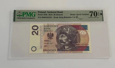 POLAND 2016 -20 ZL-RADAR S/N -REPEATER- PERFECT  GEM PMG 70 STAR -TROPHY NOTE - Image 1 of 2