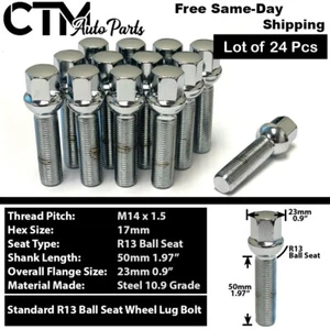 24x Chrome 14x1.5 Ball Seat Lug Bolt 50mm Shank | Mercedes Sprinter Alloy Wheel - Picture 1 of 5