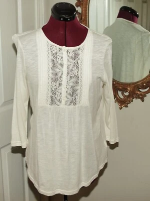 Chaps Shirt Women’s Size Medium Cream Lace Pleated Quarter Button Up ¾ Sleeve - Image 1 of 4