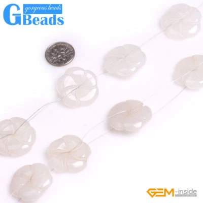 28mm Flower Shape White Jade Gemstone Beads for Jewelry Making Strand 9 pcs - Image 1 of 3