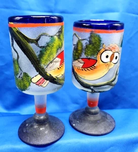2 Mexican Hand Blown / Painted Wine Glass Cobalt Blue Owl Tree Art Water Goblet - Picture 1 of 11