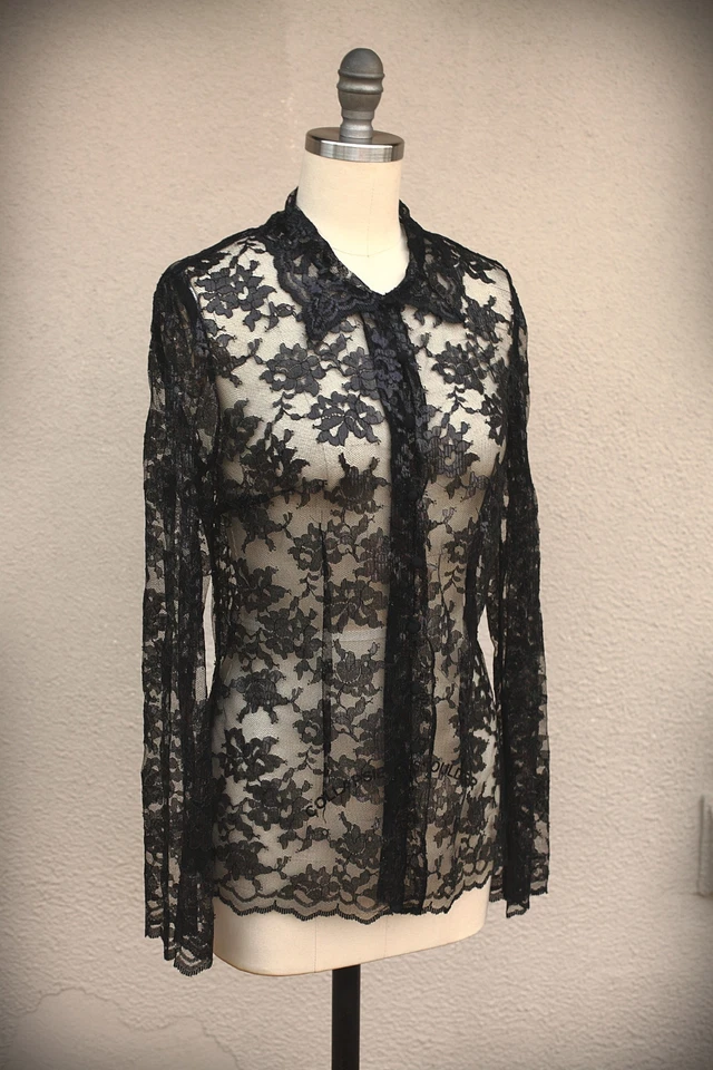 NUEVO CON ETIQUETAS RANDOLPH DUKE Talla 4 Encaje Transparente Floral Malla Brillante Negro Abotonado Foto 1 de 4
