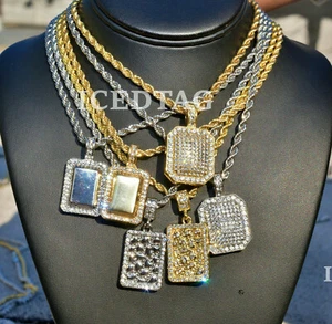 MENS GOLD PT CHRIST CROSS ICED BLING-ED OUT DOG TAG PENDANT, 24" ROPE NECKLACE - Picture 1 of 19