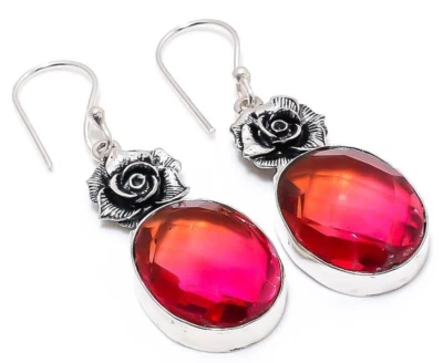 Bio Color Tourmaline Gemstone Handmade 925 Sterling Silver Jewelry Earrings 1.8" - Image 1 of 4