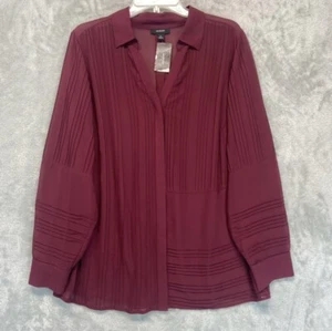 NEW Alfani Womens Top Plus Size 2X Burgundy Pleated Sheer Collared Button Blouse - Picture 1 of 7