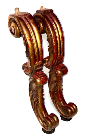 pair of vintage carved acanthus leaf table legs 14" red / gold gilt brass AS IS Cover
