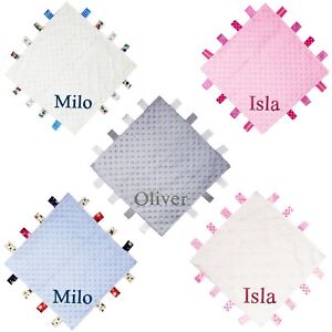 Personalised Baby Taggy Blanket Comforter Taggie Embroidered Name