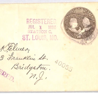 USA Stationery Cover 10c 1892 COLUMBUS (1893) Reg 1896 St Louis Station MO XU134 - Image 1 of 4