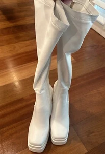 Azalea Wang Women’s Patent Vegan Leather Platform White Tall  Boots Sz 7 New - Picture 1 of 8