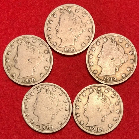 (5) 1900s Liberty Head V Nickels Vintage US Coins VG or Better Different Years Cover