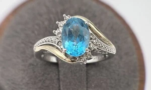 Anello Alwand Vahan AV argento 925 oro 10 kt accento diamante topazio blu misura 6,75 - Foto 1 di 12