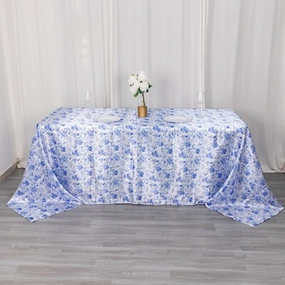 90x132 in White Satin Rectangle TABLECLOTH Blue Floral Print Party Decorations - Image 1 of 4