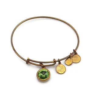 Alex And Ani Brass Tone Round Green Crystal Expandable Wire Fashion Bracelet - Picture 1 of 13
