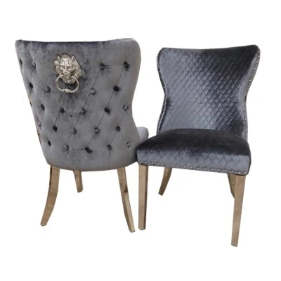 Dark Grey Velvet Dining Chair Chrome Leg Lion Knocker Shimmer Velvet - Image 1 of 4