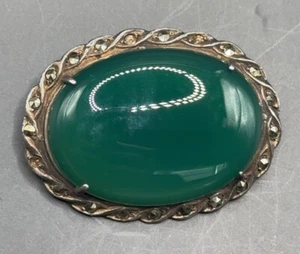 Traumhafte Vintage Art Deco Brosche oval grüner Onyx Anstecknadel - Bild 1 von 3