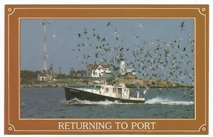 Gloucester, Massachusetts Lobster Boat Returning To Port & Lighthouse Postcard - Picture 1 of 2