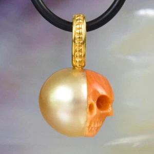 Skull IN Süd See Perle Anhänger Geschnitzter Aprikose Shell & Vermeil - Bild 1 von 15