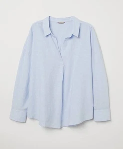 H&M LOGG Womens Linen Cotton Blend Long Sleeve Shirt Lt Blue Pinstripe Size 14 - Picture 1 of 16