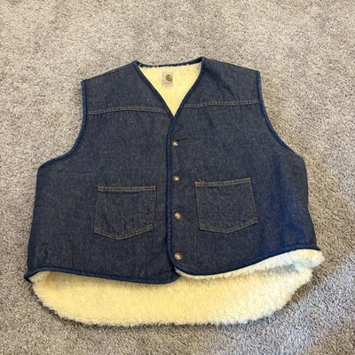 Chaleco de Colección Años 70 Carhartt Azul Denim Estilo Occidental Forrado Sherpa Broches XXL Unión EE. UU. Foto 1 de 4