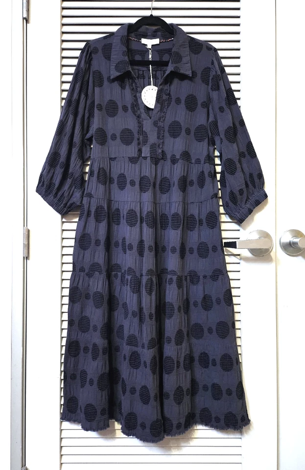 Maxi Vestido Largo 3/4 Negro Punto Textura Cuello Niveles XL Foto 1 de 4