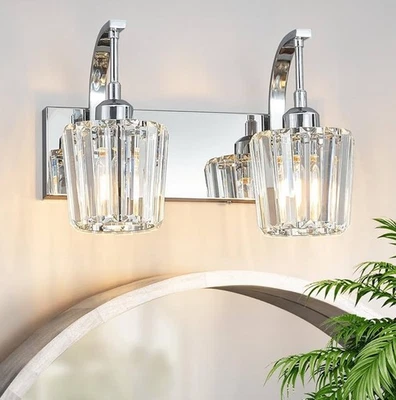 Aplique de pared moderno para baño con luz de 2 luces cromado acento de cristal 13,77” Foto 1 de 4