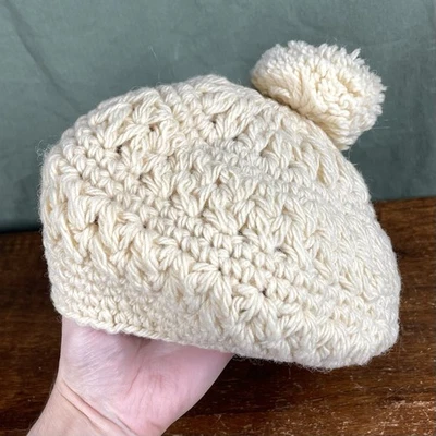 VINTAGE 60s 70s Sears Wool Knit Crochet Tam Hat with Pom Pom Ivory Italy Mod - Image 1 of 4