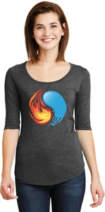 Womens Yoga T-shirt Yin Yang Fire and Water 3/4 Sleeve Scoopneck - Picture 1 of 3
