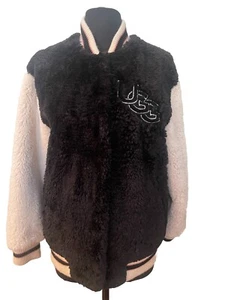 UGG Australia Halie Faux Fur Varsity Bomber Jacket In Black/Cream - Size XS - Picture 1 of 7