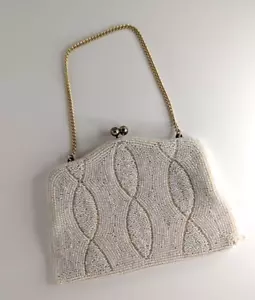 Vintage White Olympic Beaded Clutch Bag w Gold Clasp and Chain - Picture 1 of 4