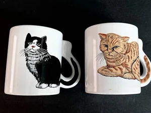 VINTAGE TWO😸CAT 😻COFFEE MUGS~TABBY&TUXEDO CAT W TAIL HANDLES EUC! - Picture 1 of 8
