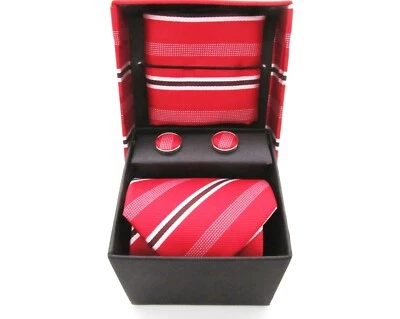 Nuevo conjunto de corbata, pañuelo y gemelos Clericci Classic para hombre rojo blanco a rayas Foto 1 de 4