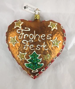 Frohes Fest Gingerbread Heart Ornament Inge Glass Germany 6" Merry Christmas - Picture 1 of 6