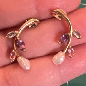 Vintage 14k Gold Perle Amethyst Turmalin Aquamarin Edelstein Ohrhänger - Bild 1 von 17