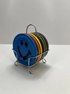 Vintage coloured smiley face drink coasters x 6 in rack plastic vinyl - Picture 1 of 11