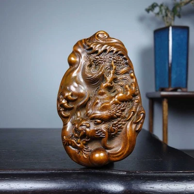 Exquisito colgante de estatua de dragón tallado a mano de boj natural chino 神龙护主 9051 Foto 1 de 4