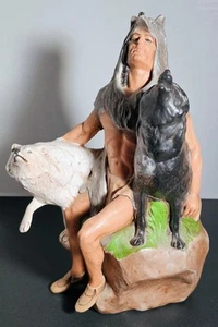 Statua stile nativi americani con 2 lupi ceramica dipinto a mano stampo 89 9,5" - Foto 1 di 14
