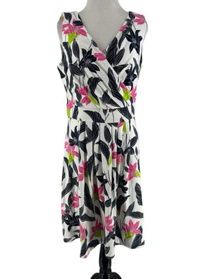 Lands End Works White Floral Sleeveless V-neck Knee Length Dress Size Medium  - Image 1 of 4