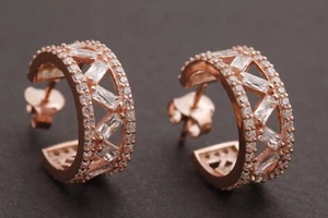 Turkish Jewelry Simulated Baguette Topaz Rose Gold 925 Sterling Silver Earrings - Picture 1 of 9