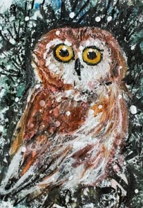ORIGINAL ACEO PAINTING Saw Whet OWL Winter BIRD Snow Animal Nature ATC ART - Picture 1 of 1