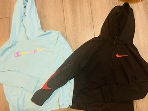 Nike Champion Lot of 2 Girls Scuba Hoodies Sweatshirts Size Medium/Large - Picture 1 of 2