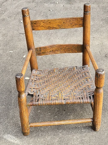 Antique Early American Ladder Back Child's Slanted Chair Woven Seat Blue Brown Cover