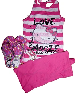 Hello Kitty PJ'S Kids vest top Cotton Pyjama Set age 7-8 years & FLIP FLOPS NEW - Picture 1 of 11