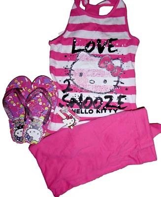 Hello Kitty PJ'S Kids vest top Cotton Pyjama Set age 7-8 years & FLIP FLOPS NEW - Image 1 of 4